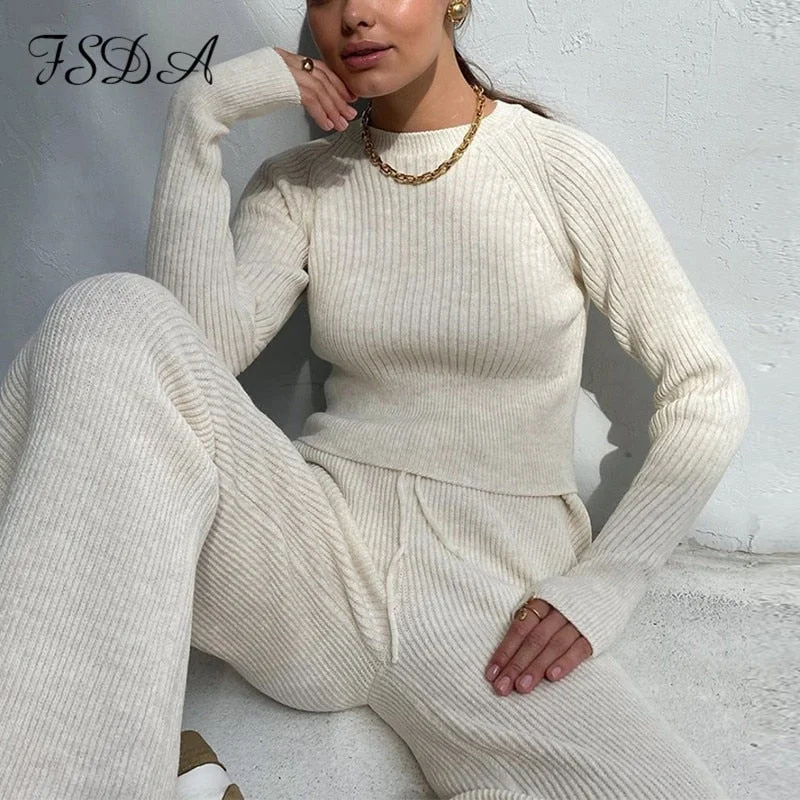 2022 Women Set Sweater Top Long Sleeve And Biker Pants Autumn Winter White Casual Two Piece Set Warm Outfits Knitted