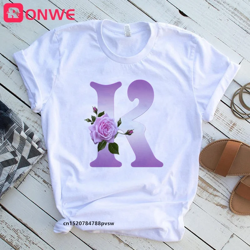 Women's Custom Name Rose Letter Combination Printing T-shirt Flower Letter Font A B C D E F G Short sleeve Tshirt,Drop Ship