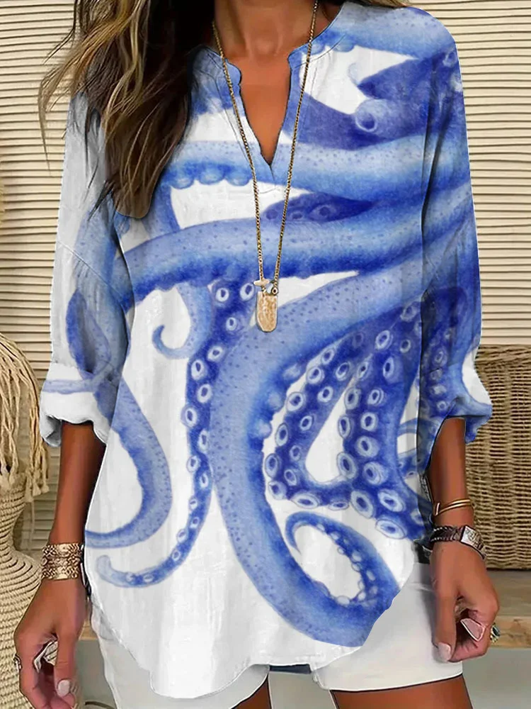 Women's Casual Japanese Art Ocean Octopus Print T-shirt