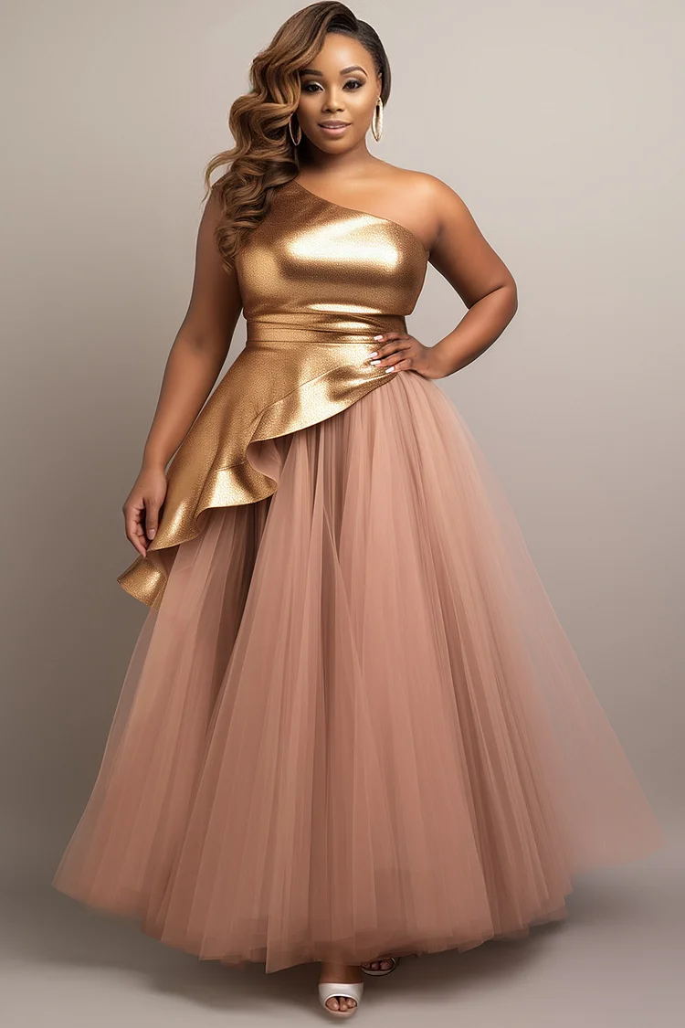 Xpluswear Design Plus Size Prom Pink Oblique Collar Contrast Elegant Ruffle Glitter Tulle Maxi Dresses [Pre-Order] 2024 - Xpluswear