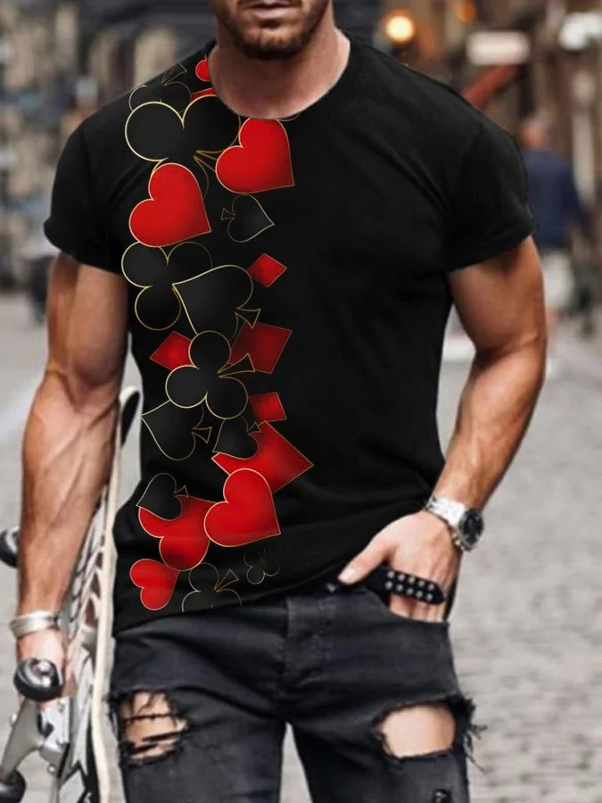 Men's casual fashion poker print short sleeve T-shirt in black and red.jpg
