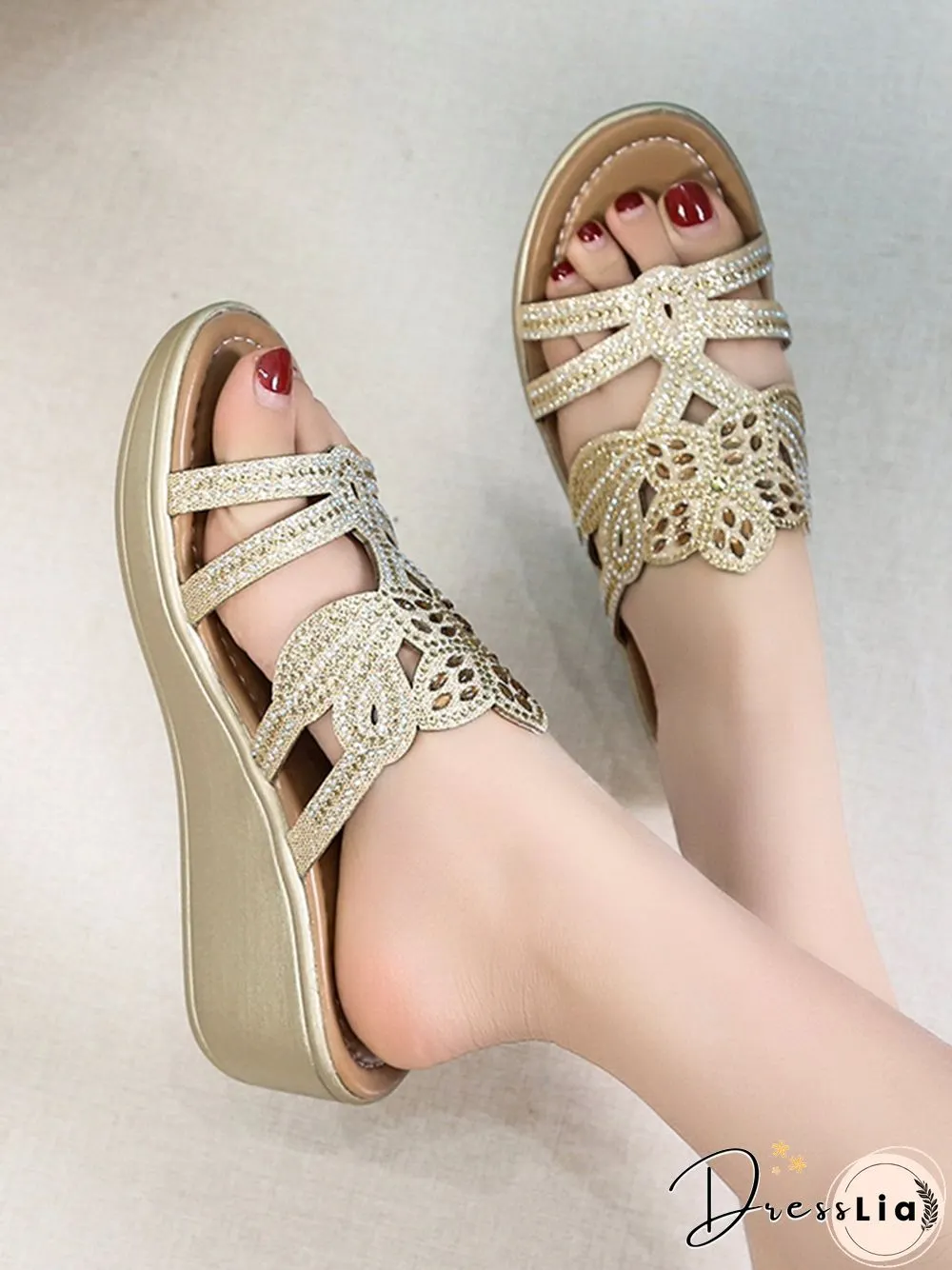 Rhinestone Floral Leaf Cutout Glitter Wedge Slippers