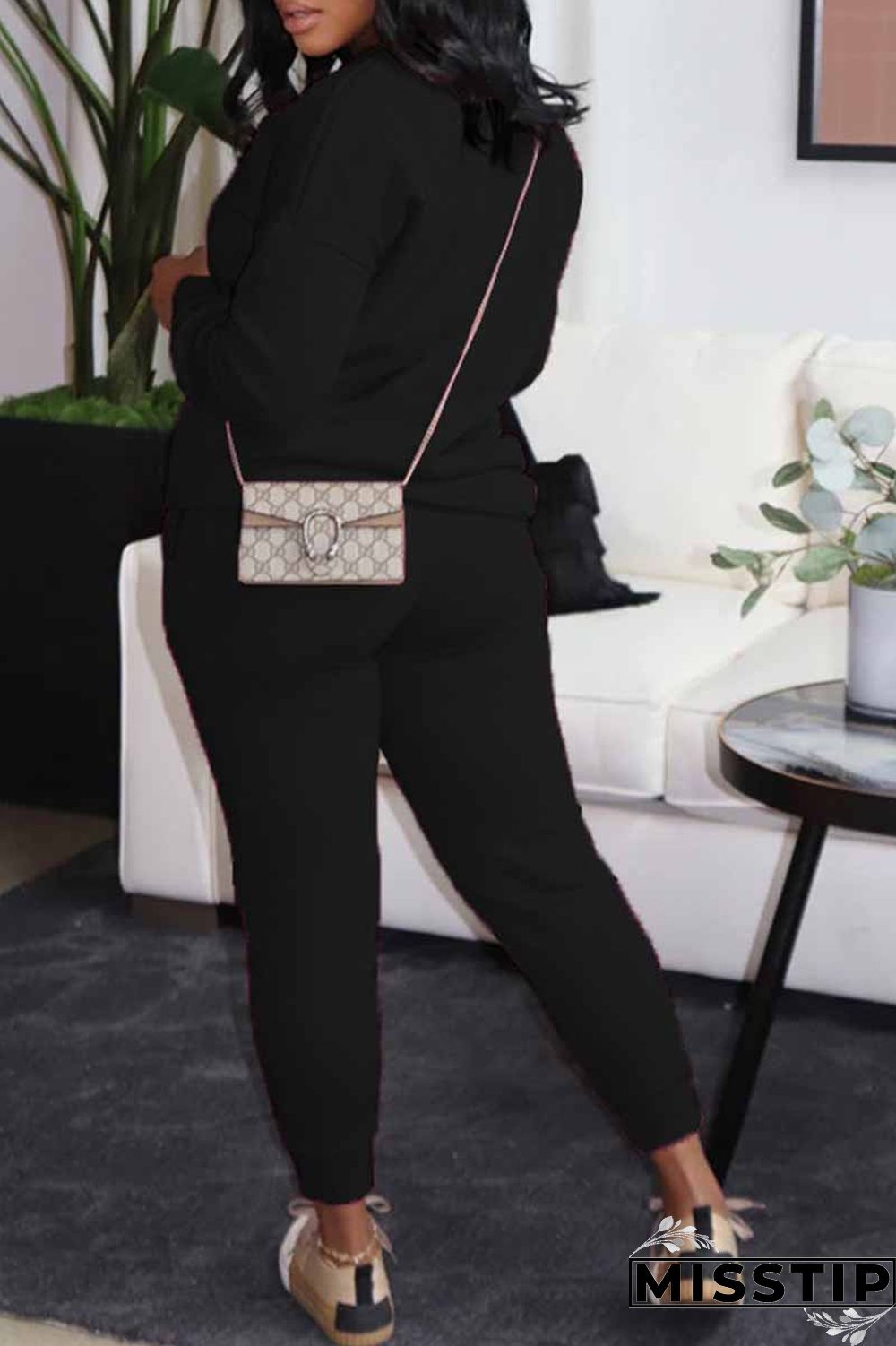 Black Casual Print Letter O Neck Long Sleeve Two Pieces