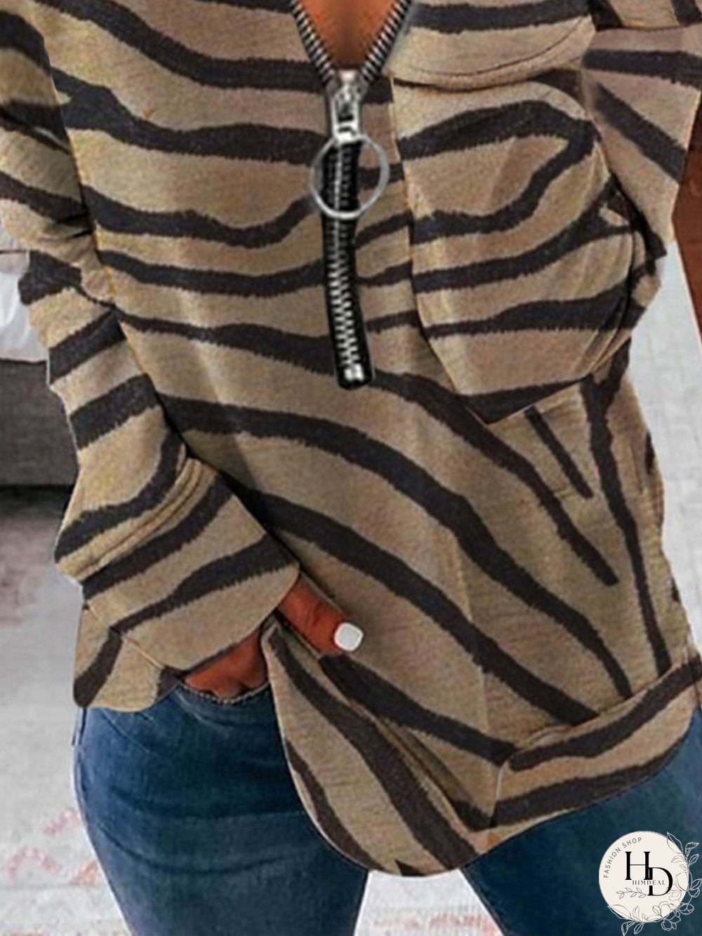 Vintage Zebra Printed Long Sleeve Zipper V Neck Plus Size Casual Sweatshirts