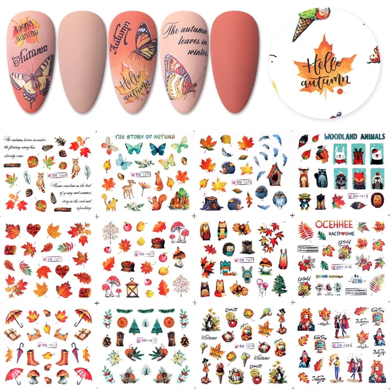 12 Designs Nail Stickers Set Mixed Floral Geometric Nail Art Water Transfer Decals Sliders Flower Leaves Manicures Decoration-Nail Inspo