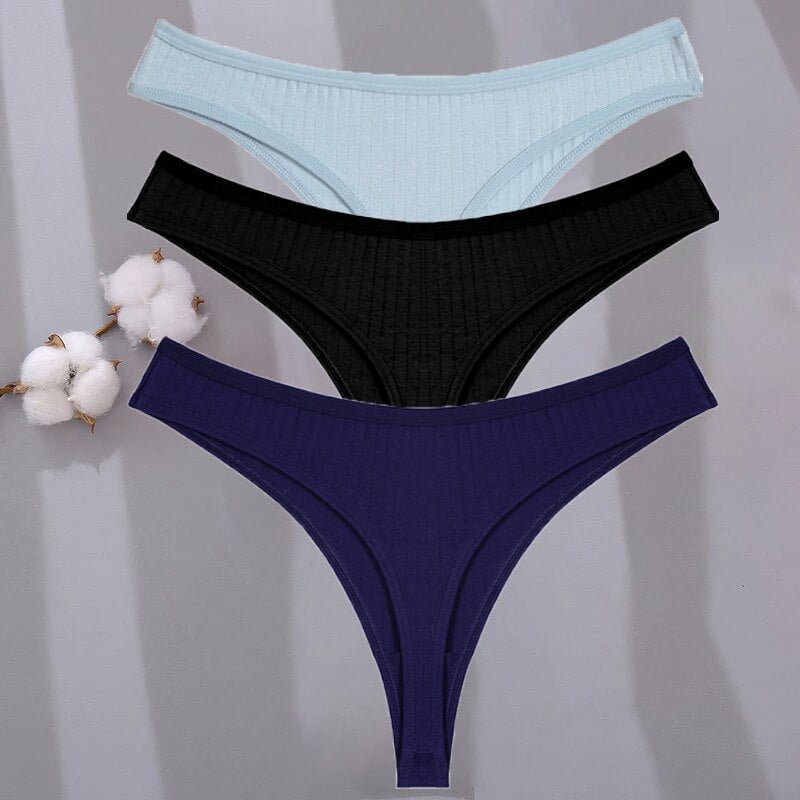 3PCS Sexy G-string Women's Cotton Panties Low-Waist Thongs Striped Solid Female Underpants Girl Comfortable Briefs Underwear