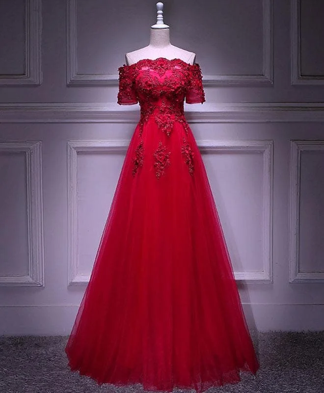 Burgundy Lace Tulle Long Prom Dress, Burgundy Evening Dress