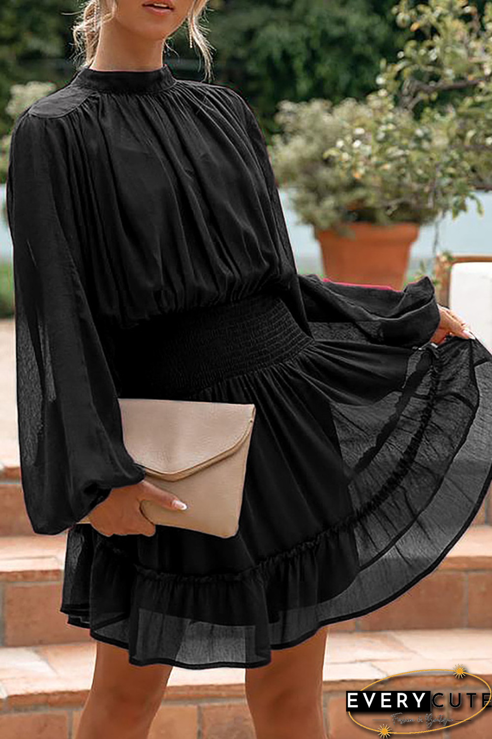 Fashion Casual Solid Flounce Fold Half A Turtleneck Waist Skirt Dresses