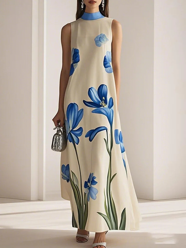 Flower Print Sleeveless Loose Mock Neck Maxi Dresses