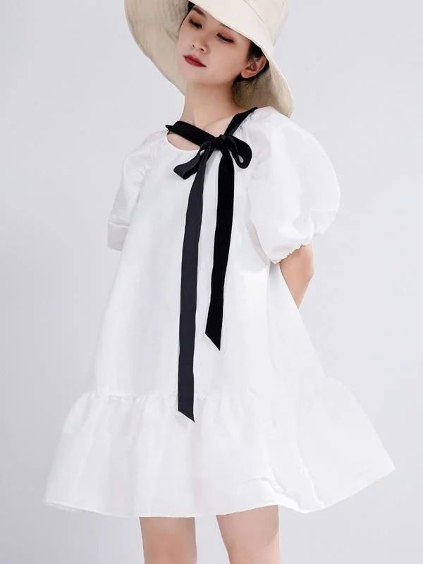 6.1Loose Falbala Solid Lace-Up Puff Sleeve Mini Dress