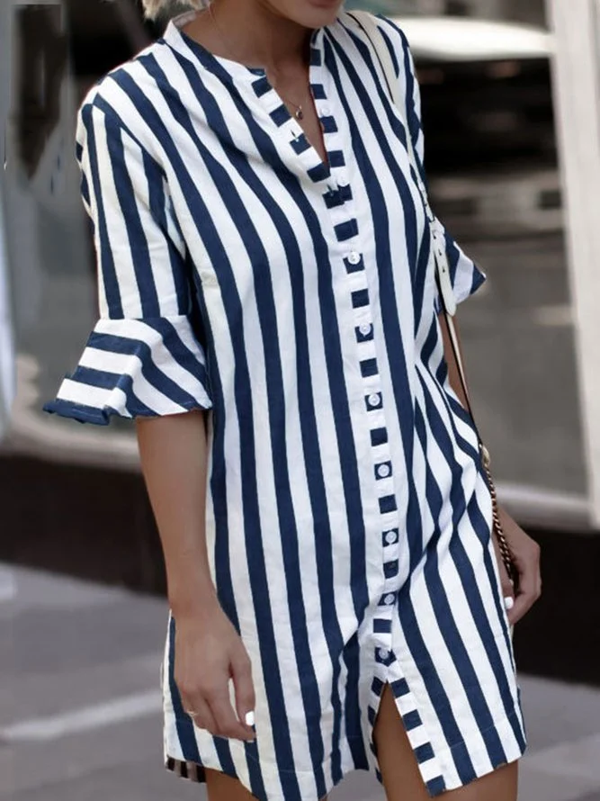 Plus Size Crew Neck Women  Cotton Casual  Striped Summer Dress