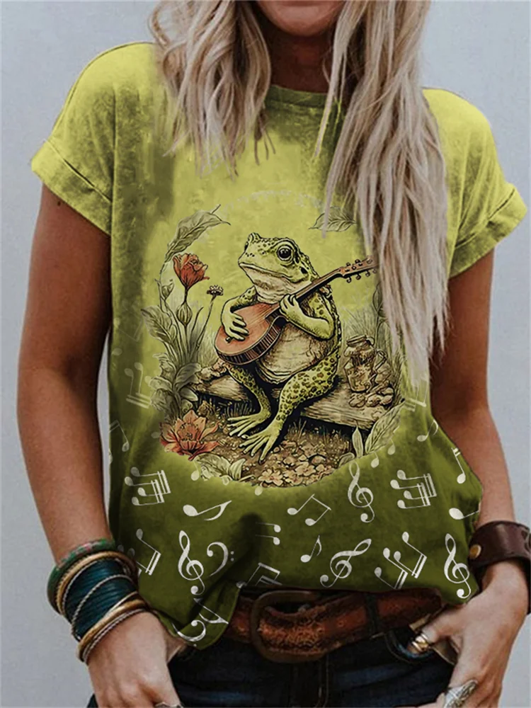 Frog Musician Music Notes Gradient Crew Neck T Shirt