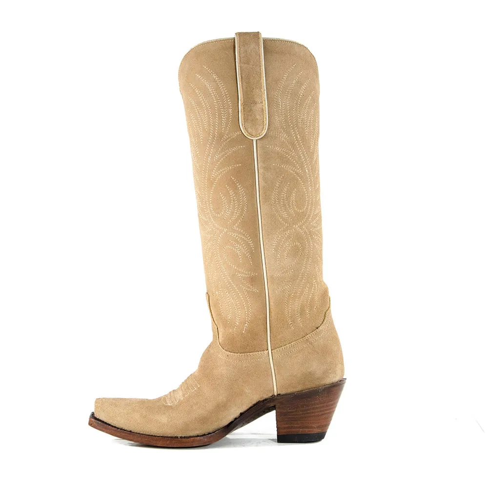 Khaki Snip Toe Embroidered Chunky Heel Western Boots for Women