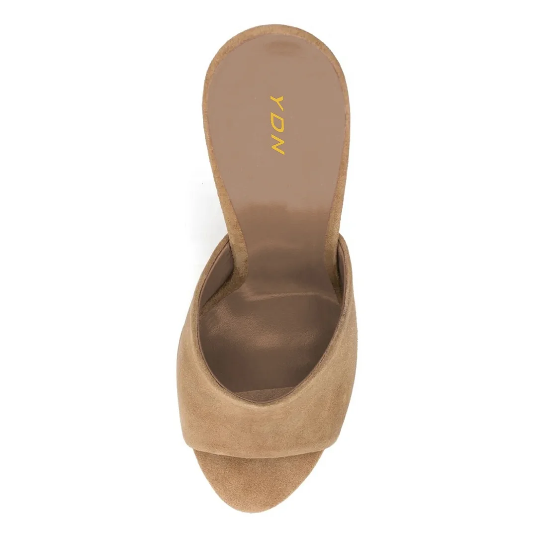 Women's Khaki Open Round Toe Wedge High Heel Slip On Mules Shoes