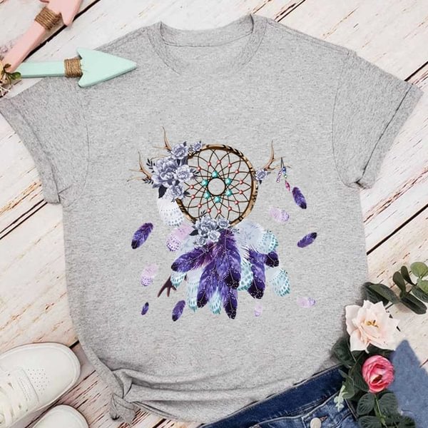 Graphic Purple Feather Tee Women, Cute T Shirts, Summer T Shirt for Casual Wear - Shop Trendy Women's Fashion | TeeYours