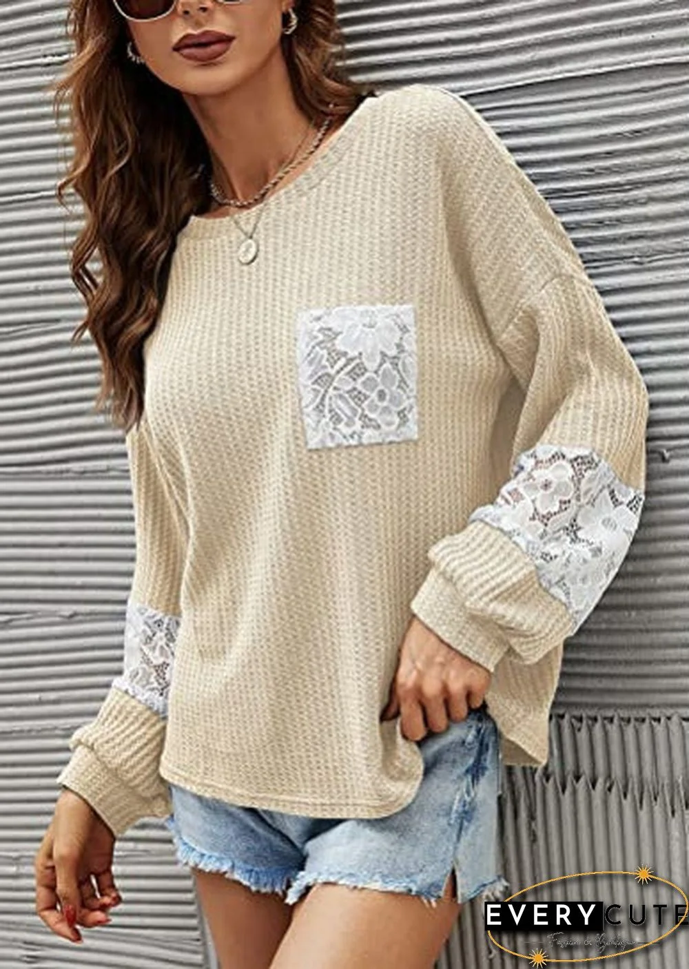 Casual Lace Pocket Round Neck Sweatshirt
