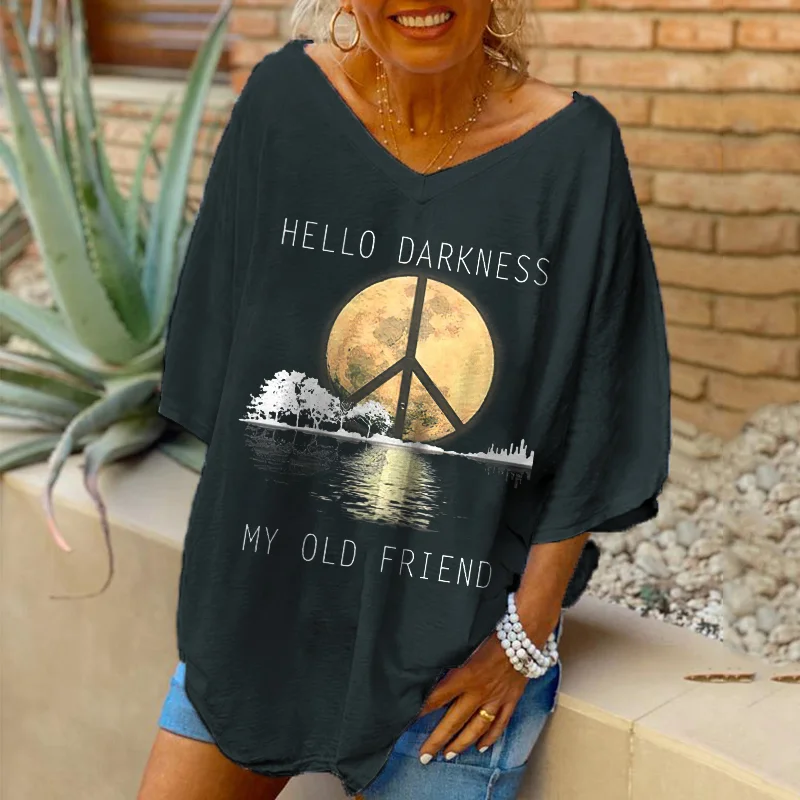 Oversized Hello Darkness My Old Friend The Moon Graphic Printed Women Hippie Tees