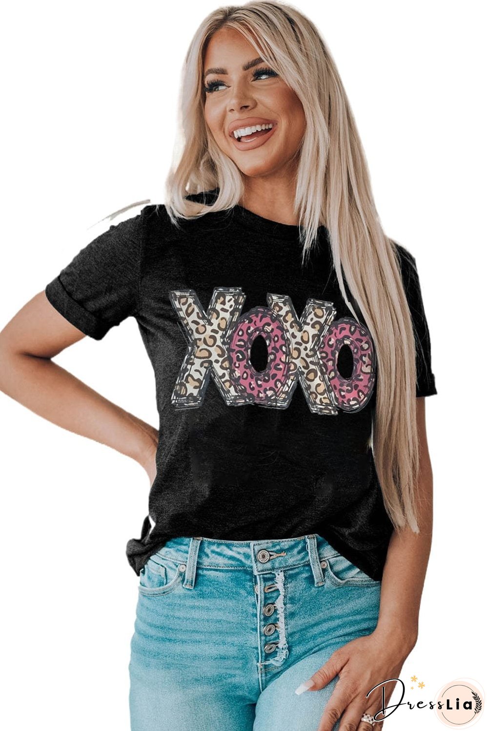 Black and Leopard Print XOXO T-Shirt, Casual Wear