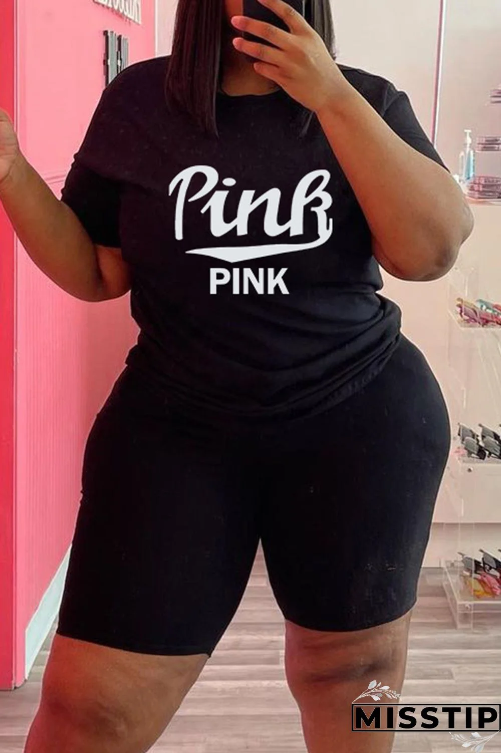 Army Green Fashion Casual Letter Print Patchwork O Neck Plus Size Two Pieces