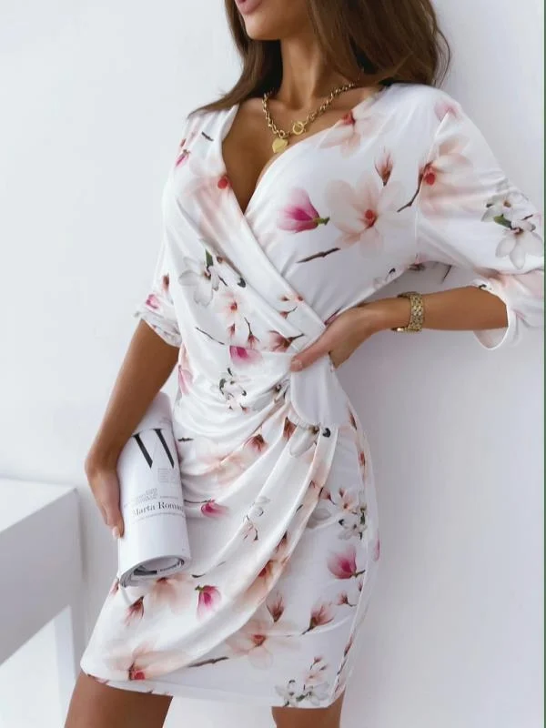 New Printed Slim V-Neck Dress For Summer Wear White Dresses