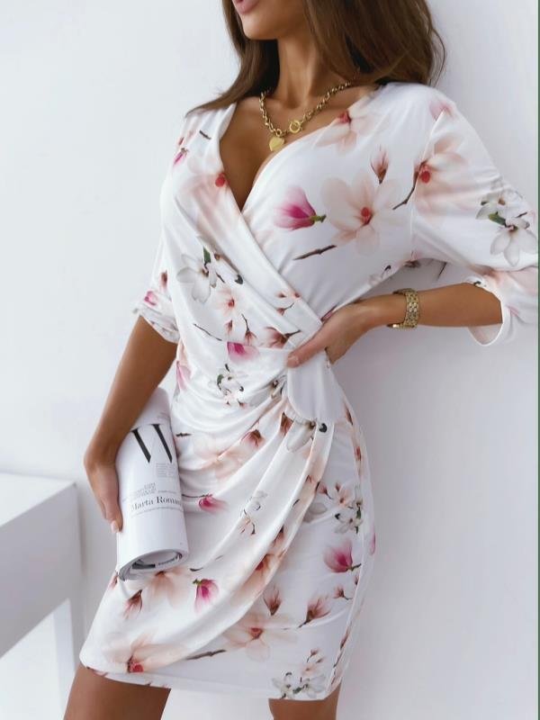 New Printed Slim V-neck Dress for Summer Wear White Dresses | EGEMISS