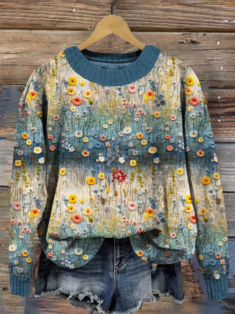 Embroidered Flowers Crew Neck Comfy Knit Sweater