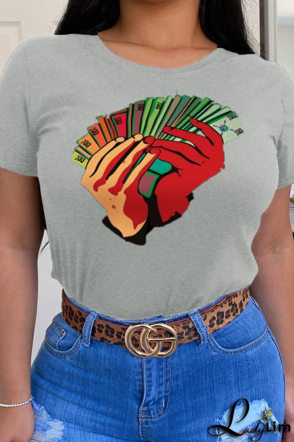 Grey Fashion Street Print Split Joint O Neck T-Shirts