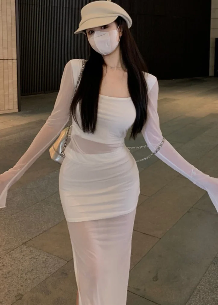 Sexy White Tulle Top And Maxi Skirt Two Piece Set Long Sleeve