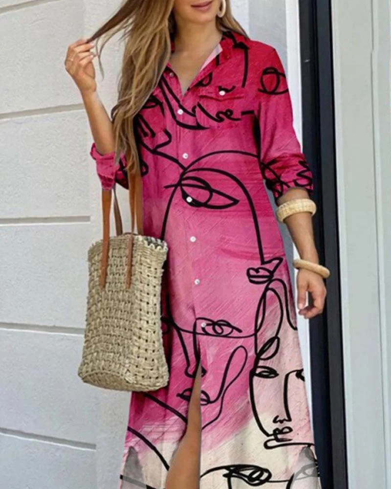 Line Art Print Long Dress