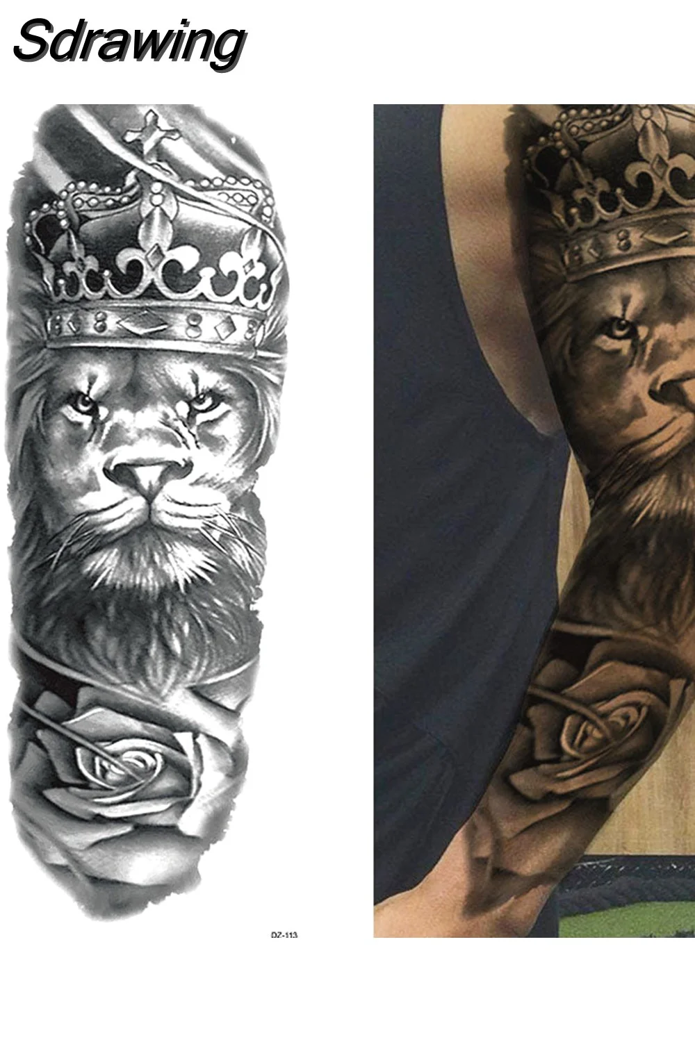 Sdrawing Full Arm Tattoo Lion Crown King Rose Waterproof Temporary Tatoo Sticker Wild Wolf Tiger Men Skull Totem Tattoo 430-1