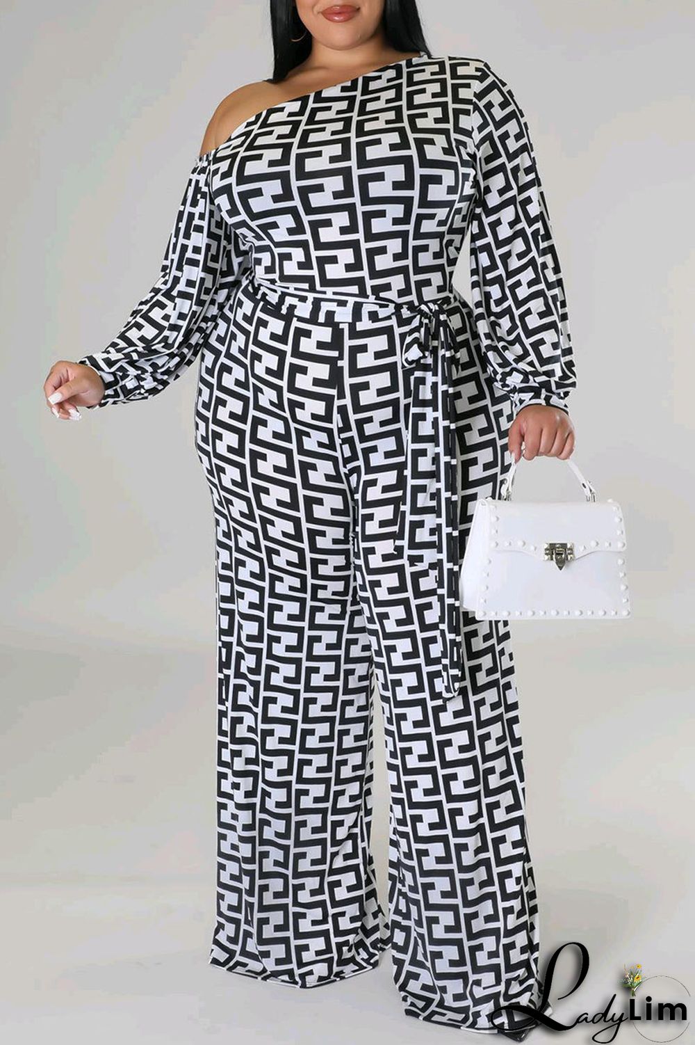 White Fashion Casual Print Patchwork Asymmetrical Collar Plus Size Jumpsuits