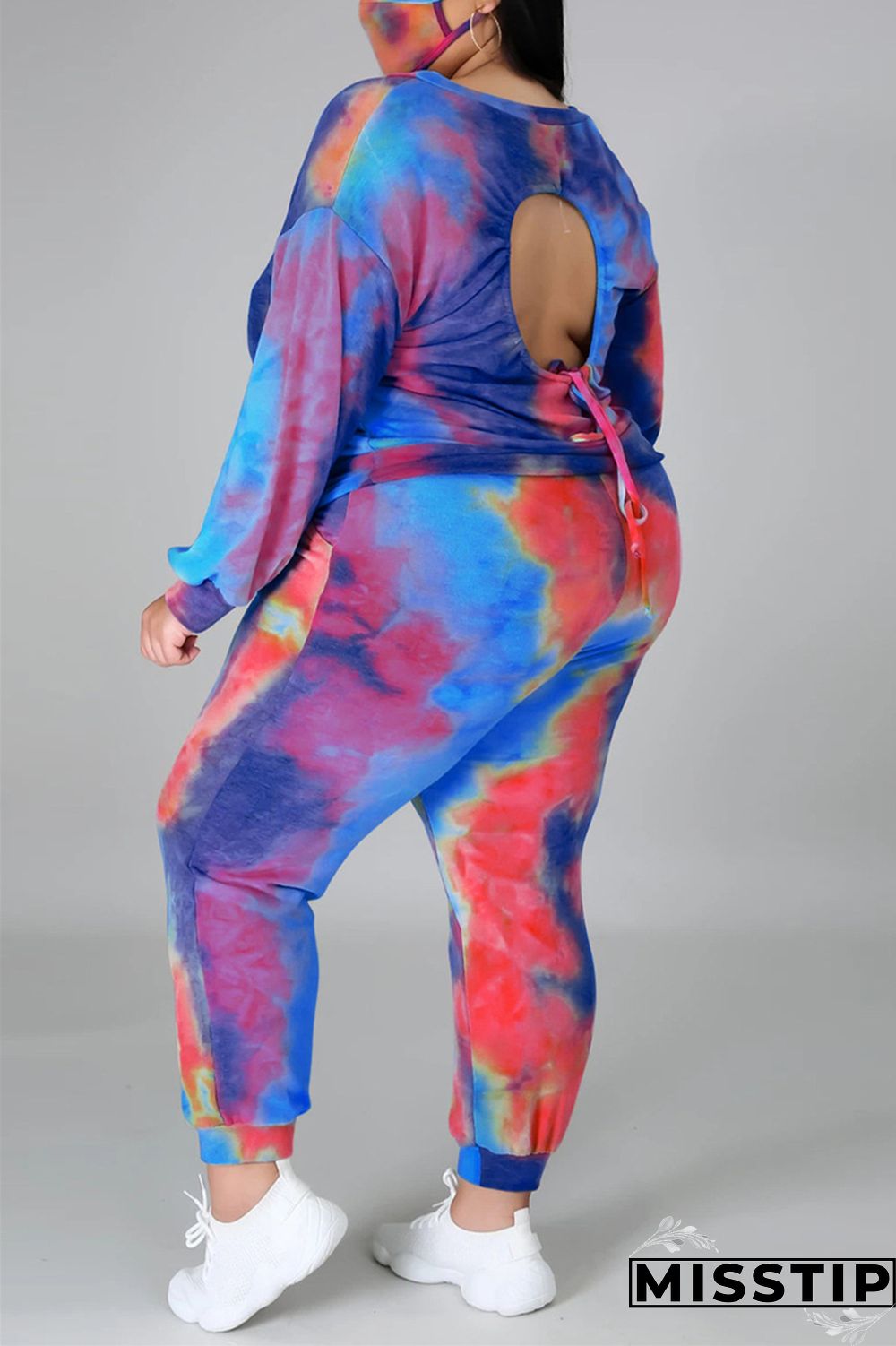 multicolor Fashion Casual Print Tie Dye Tie-dye Backless O Neck Plus Size Set