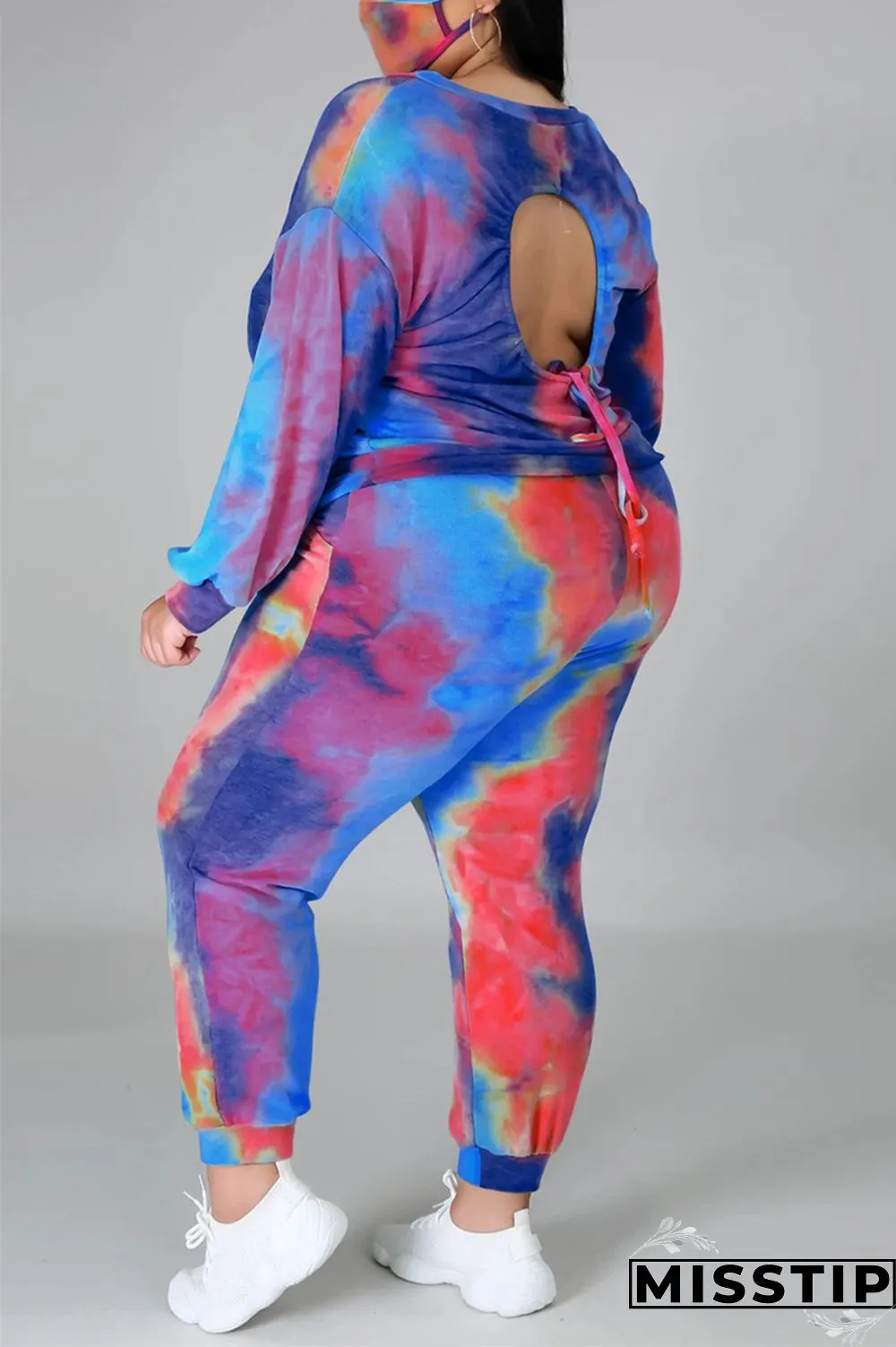 multicolor Fashion Casual Print Tie Dye Tie-dye Backless O Neck Plus Size Set