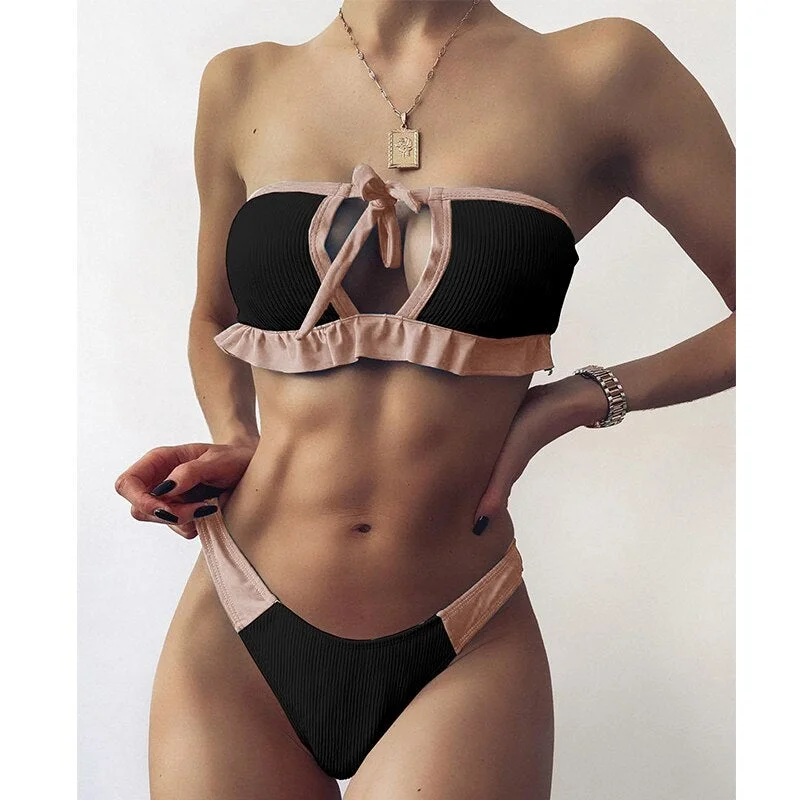 Pleated Tube Top Bikini Patchwork Swimsuit Women's Swimwear
