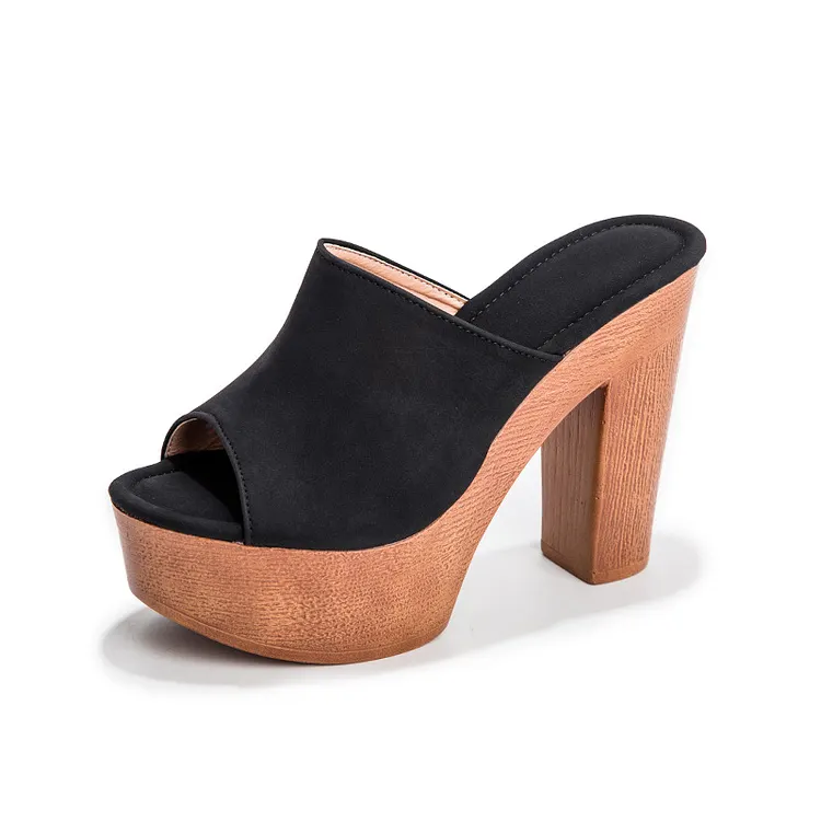 Women's Elegant 10cm High Chunky Heels Fish-Mouth Mules Sandals Slippers