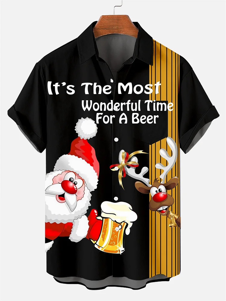 Men's Classic Christmas Character and Beer Print Shirt PLUSCLOTHESMAN