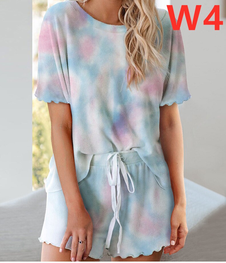 Womens Tie-dye Pajamas Set Short Sleeve Tops Shorts Loungewear Sets Plus Size S-3XL Sleepwear Loungewear Nightwear Sleepwear