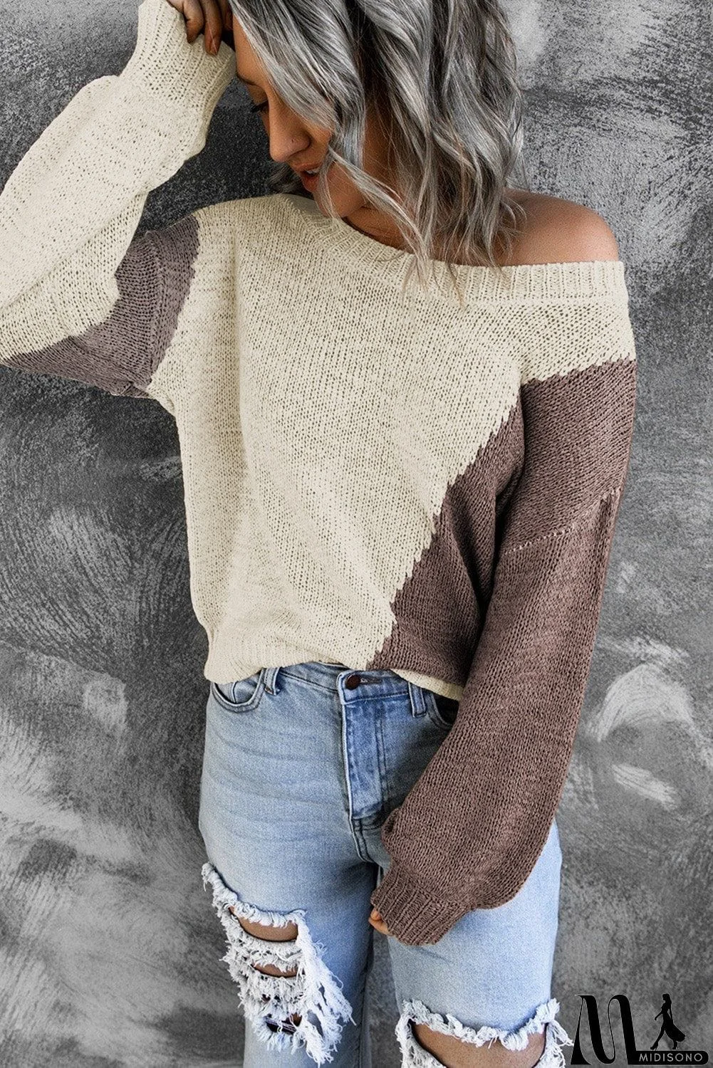 MidiSono - Beige Colorblock Knitted Sweater