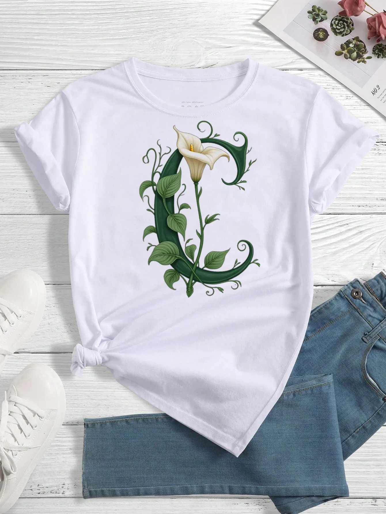 White Floral Letter C T-Shirt Women Clothing Casual Short Sleeve Tops | 168DEAL