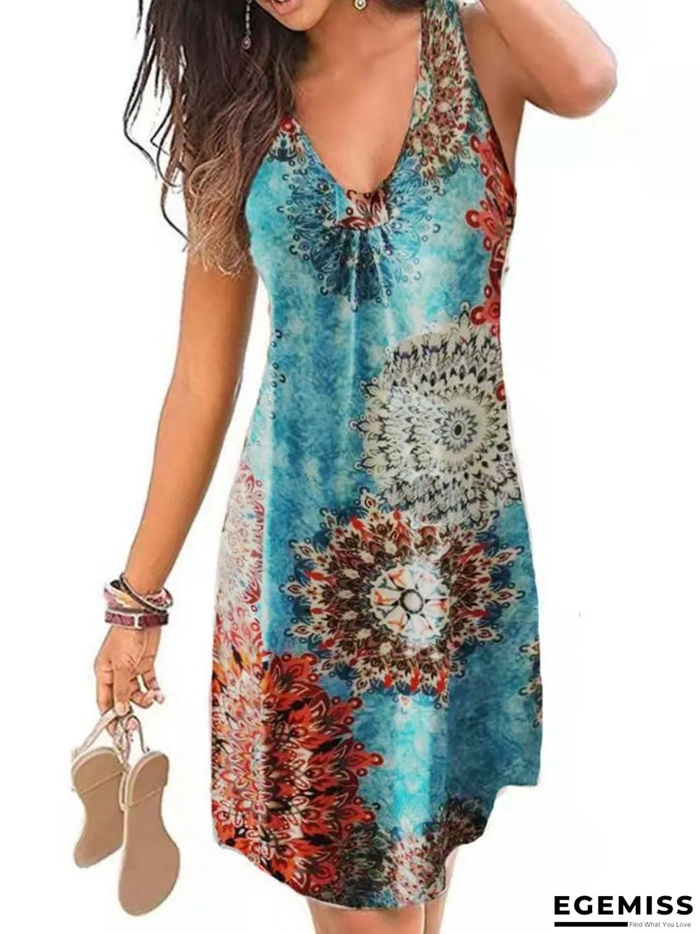 Spring and Summer Ethnic New Women's Sexy V-neck Print Dress | EGEMISS