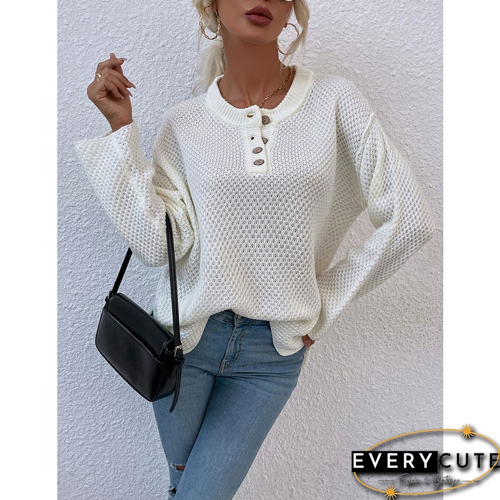 Beige Button-up Crew Neck Drop Shoulder Knit Sweater