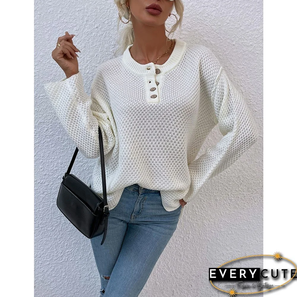 Beige Button-up Crew Neck Drop Shoulder Knit Sweater