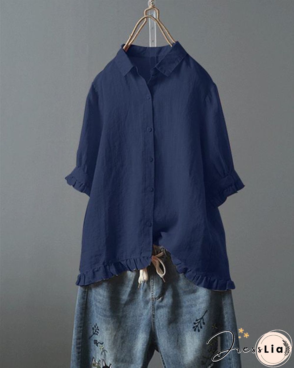 Lace Button Turn Down Collar Solid Color Shirt