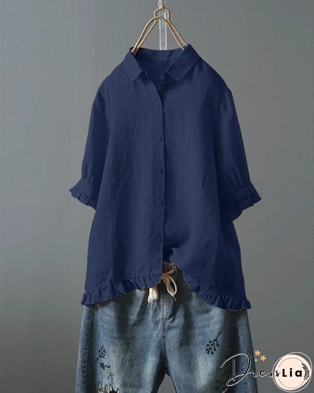 Lace Button Turn Down Collar Solid Color Shirt