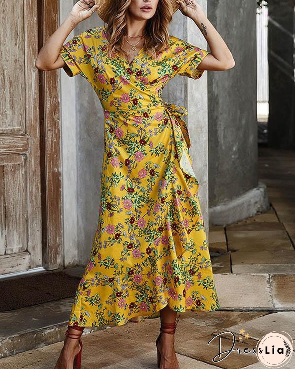 Floral Print Short Sleeve Cross Lace-up Waist Elegant Ladies Dresses