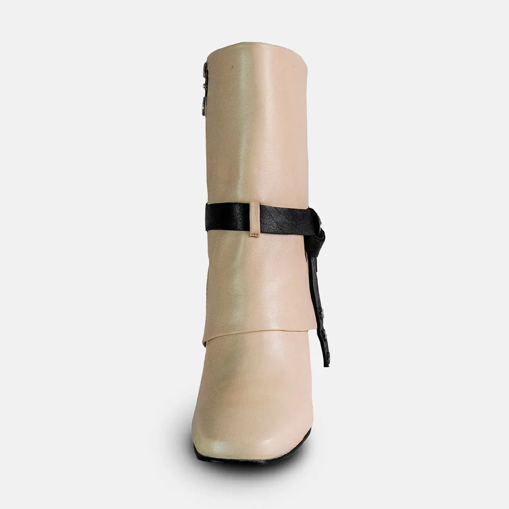 Chic Beige & Black Square Toe Chunky Heel Boots for Women with Zipper