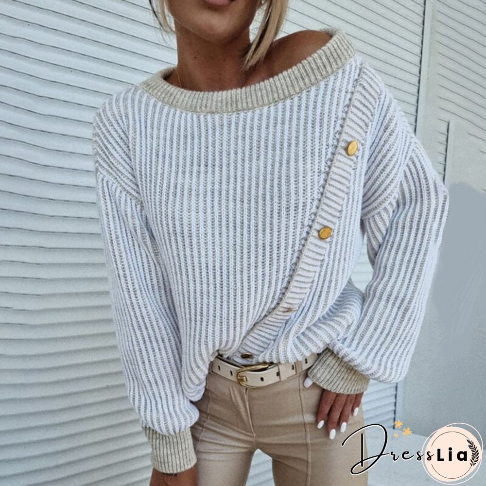 Autumn Winter O Neck Colorblock Button Decor Long Sleeve Warm Casual Knit Sweater Fashion Streetwear Ladies Tops Daily Wear