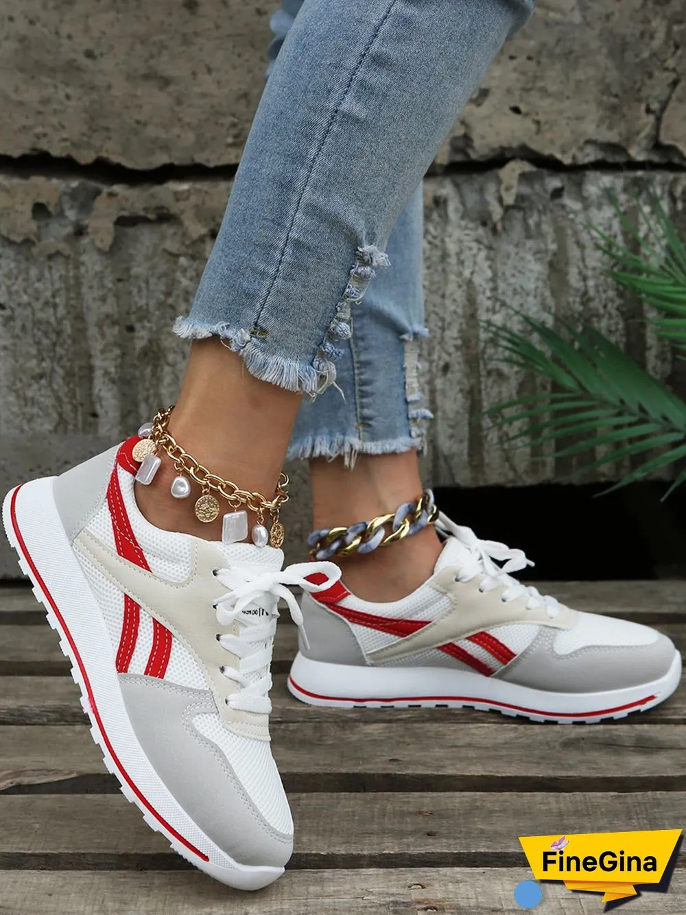 Color Block Sports All Season Split Joint Flat Heel Round Toe Fabric Fabric Lace-Up Sneakers for Women