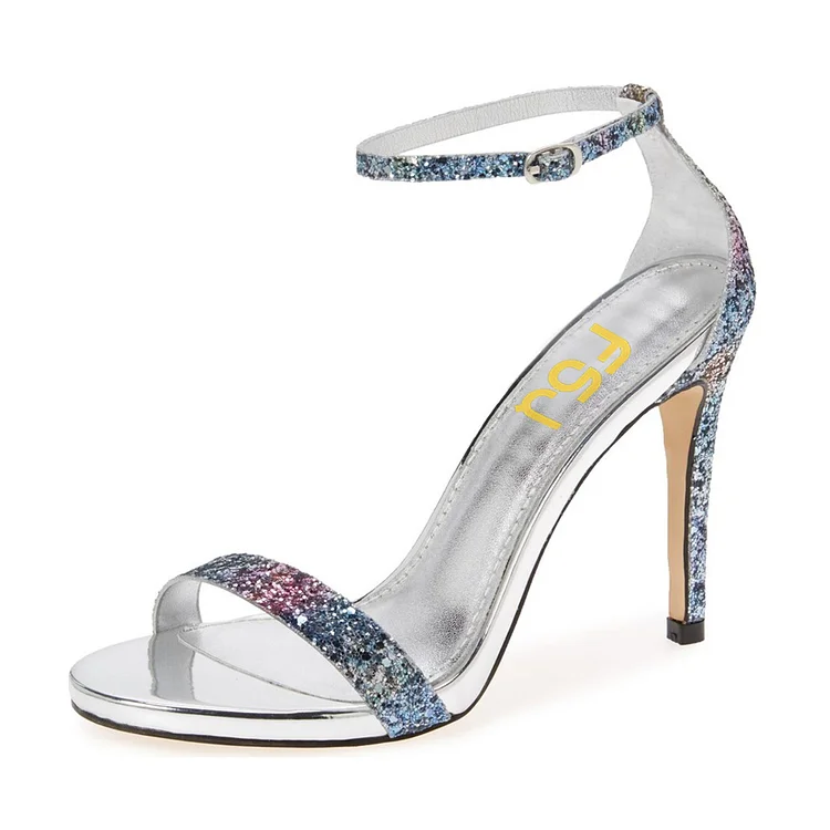 Glitter Ankle Strap Sandals Light Blue Sparkly Heels |FSJ Shoes