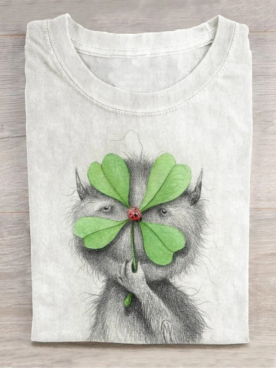 Eagerlys Funny Animal Four Leaf Clover Casual Print T-shirt Eagerlys